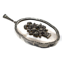 1940s Silver Mother of Pearl and Marcasite Pendant with a Basket of Flowers