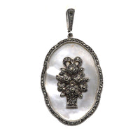 1940s Silver Mother of Pearl and Marcasite Pendant with a Basket of Flowers