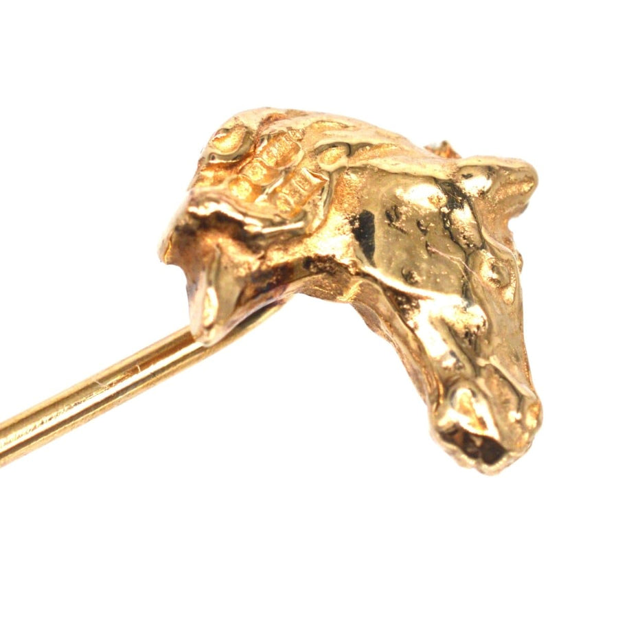 Vintage 1950s 9ct gold horse head tie pin, perfect for equestrian enthusiasts and special occasions.