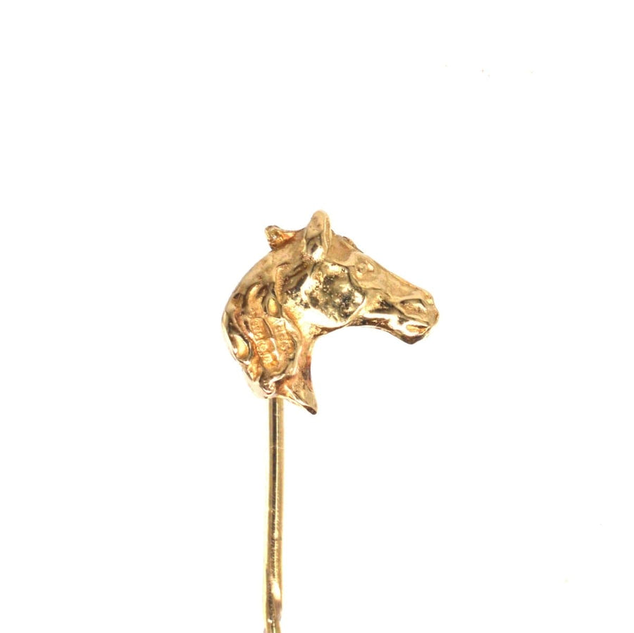 1950s 9ct gold horse head tie pin, perfect for Royal Ascot and a stylish addition to any equestrian-themed outfit.