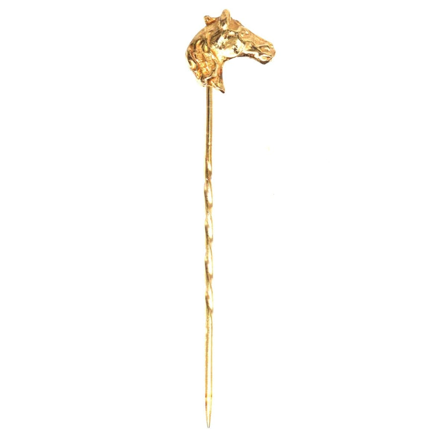 Vintage 1950s 9ct gold horse head tie pin, perfect for equestrian enthusiasts and special events like Royal Ascot.