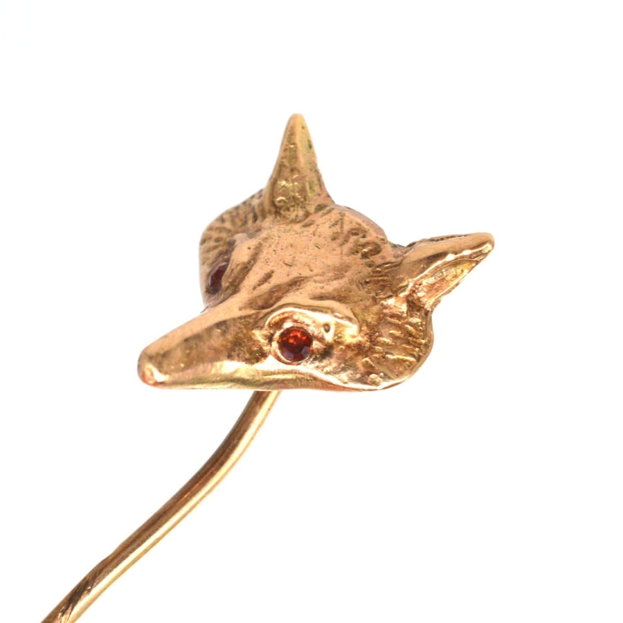 1960s 9ct gold fox tie pin with garnet eyes, fully hallmarked London 1966, includes stopper for secure wear.