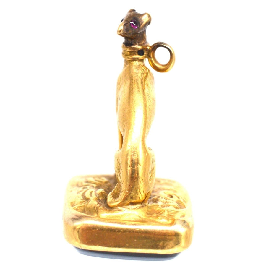 19th Century 15ct gold Whippet pendant with red stone eyes and sardonyx seal fob, perfect for personalization.