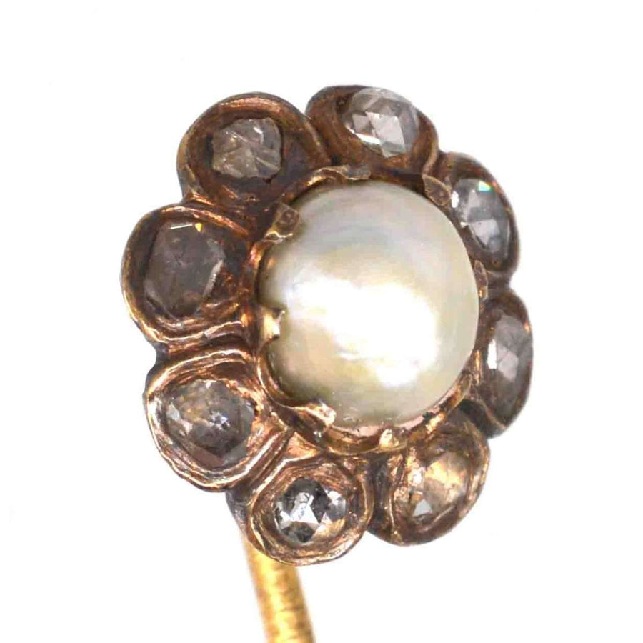 19th century gold cluster tie pin with natural pearl and rose cut diamonds, showcasing elegance and refined craftsmanship