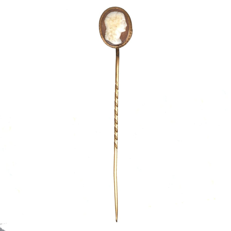 19th Century 9ct Gold Helmet Shell Cameo Tie Pin depicting a Roman Goddess, from the 1840s.