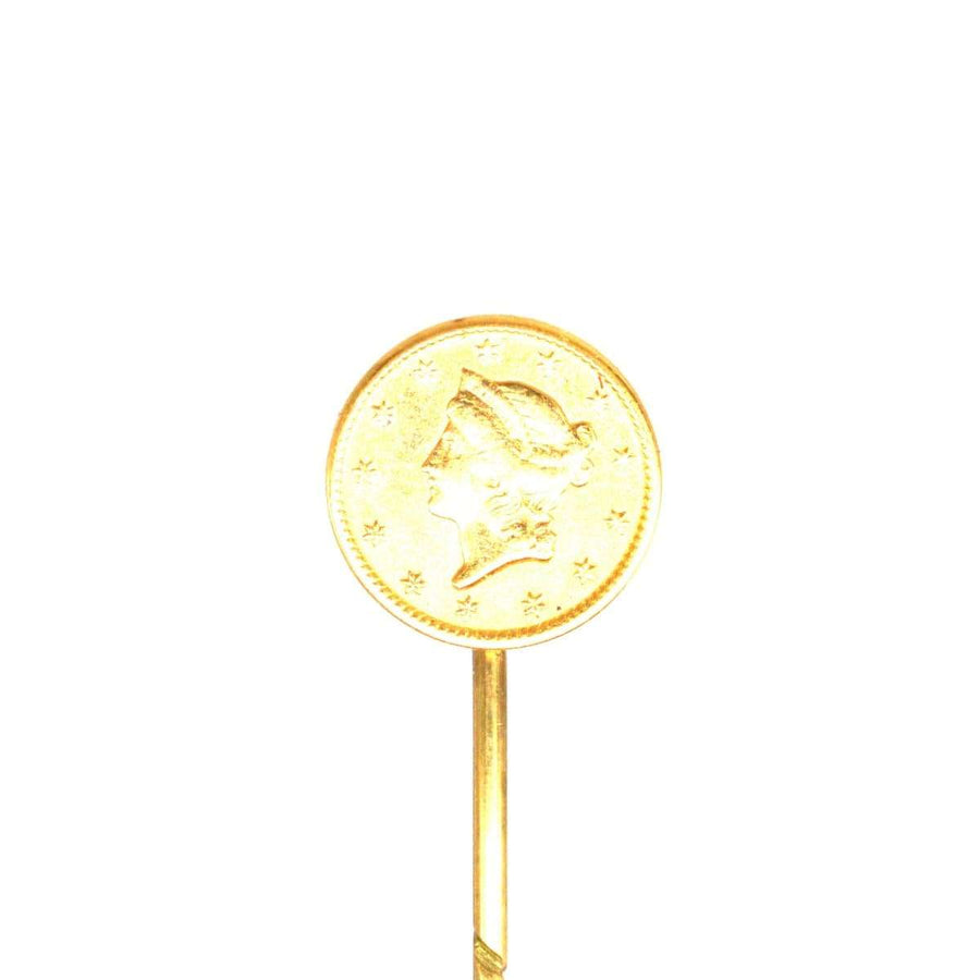 19th Century American Gold $1 Liberty Head coin tie pin, perfect for silk ties or lapels, featuring Liberty's iconic profile.