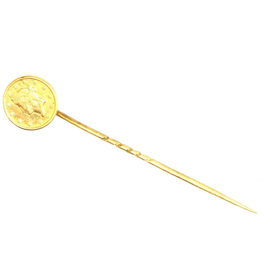 19th Century American Gold $1 Liberty Head Tie Pin for elegant silk tie or lapel accessory.