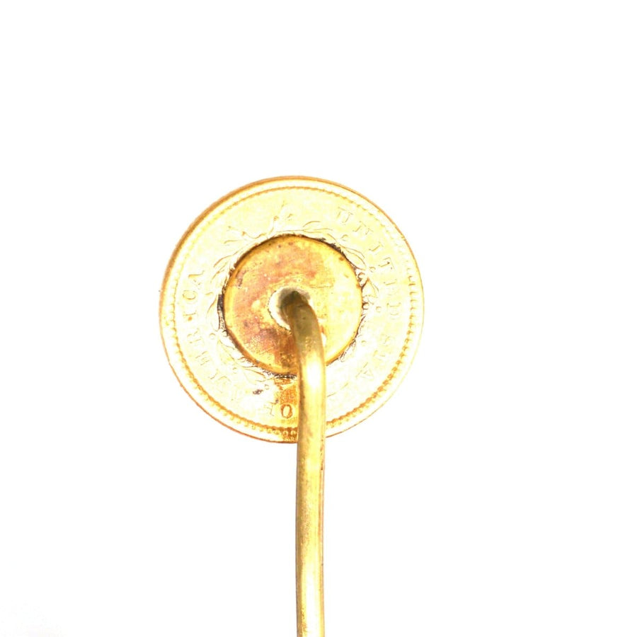 19th Century American Gold $1 Coin Liberty Head Tie Pin showcasing intricate design and craftsmanship.