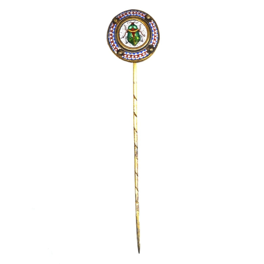 19th century micromosaic tie pin featuring a scarab beetle, showcasing intricate design and iridescent tesserae.
