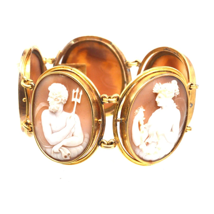 19th century gold bracelet featuring carved cameos of Greek gods and goddesses, including Ariadne and Dionysus.
