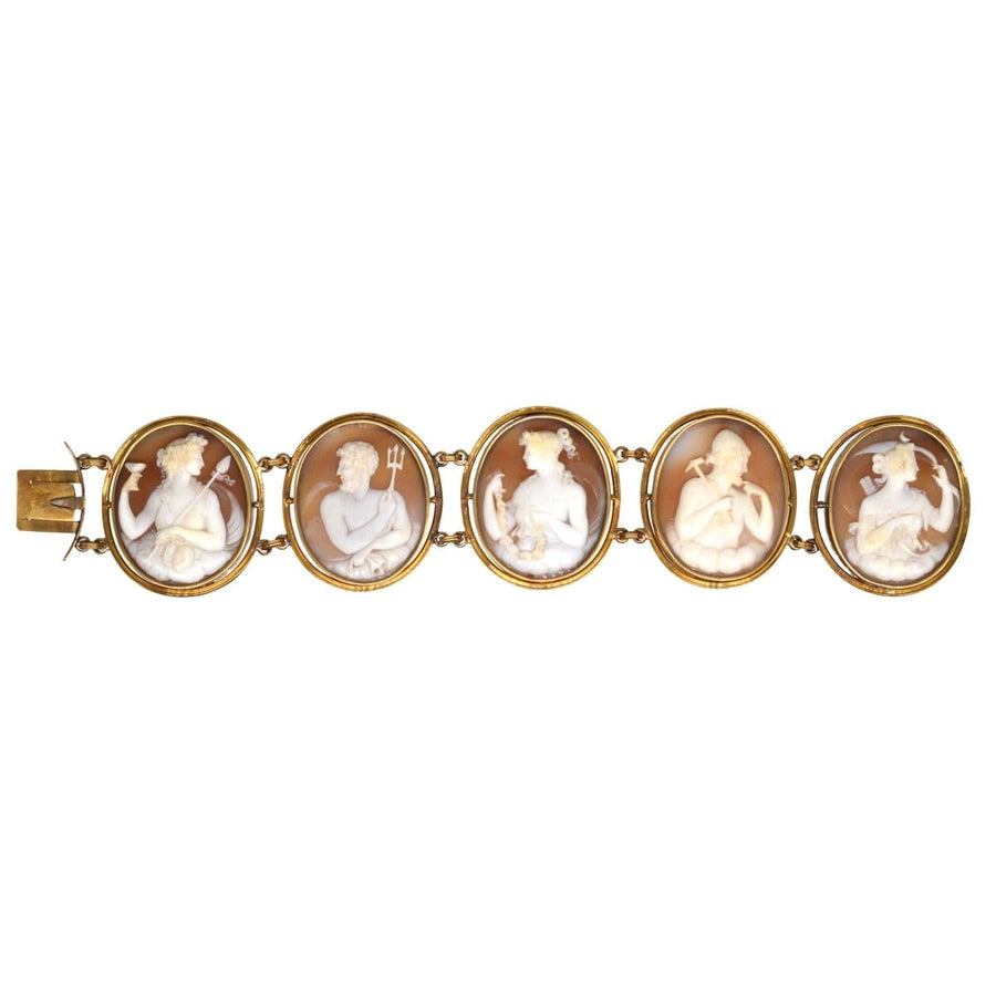 19th Century gold bracelet featuring five carved cameos of Greek and Roman gods and goddesses.
