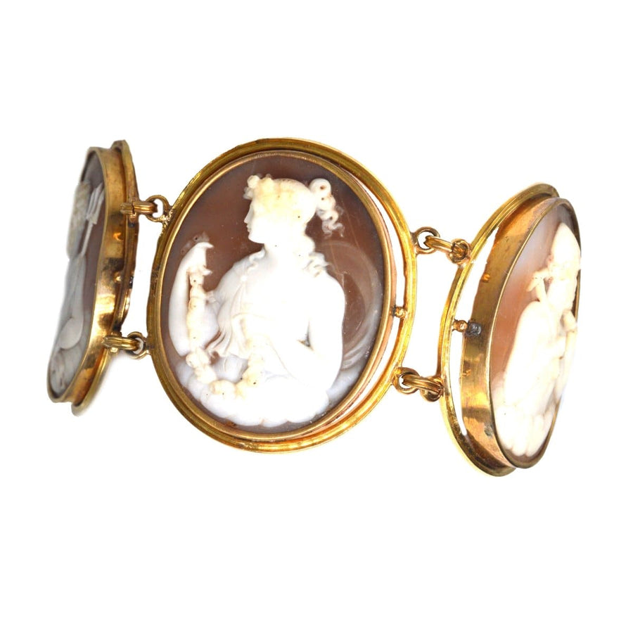 19th Century Grand Tour bracelet with carved cameos of Greek and Roman gods, featuring Ariadne in elegant gold settings.