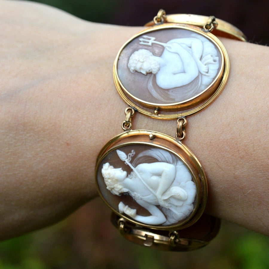 19th Century gold bracelet featuring carved cameos of Greek gods and goddesses Ariadne and Dionysus.