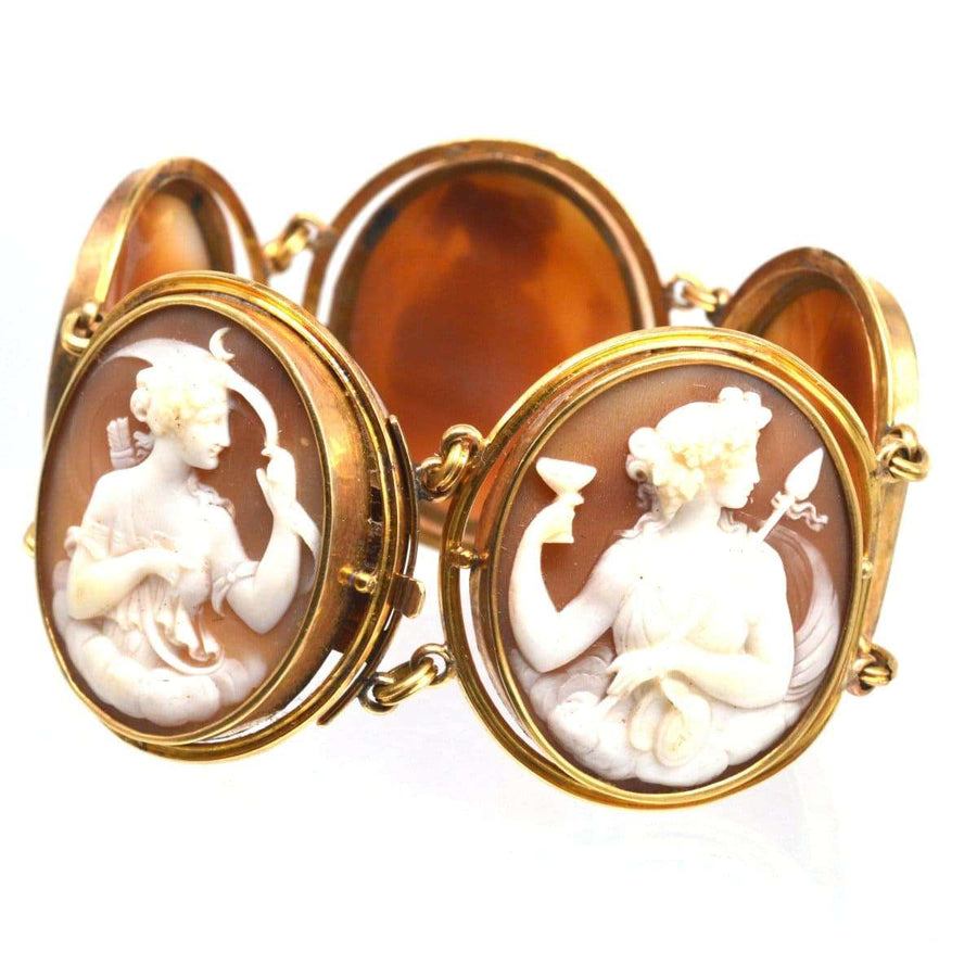 19th century gold bracelet featuring carved cameos of Greek goddesses Ariadne and others in fine detail.