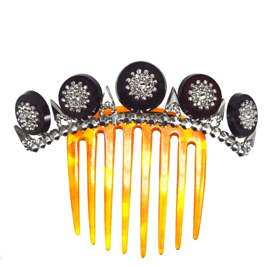 Regency Onyx and cut steel tiara on a tortoiseshell comb, featuring intricate detailing and vintage elegance.