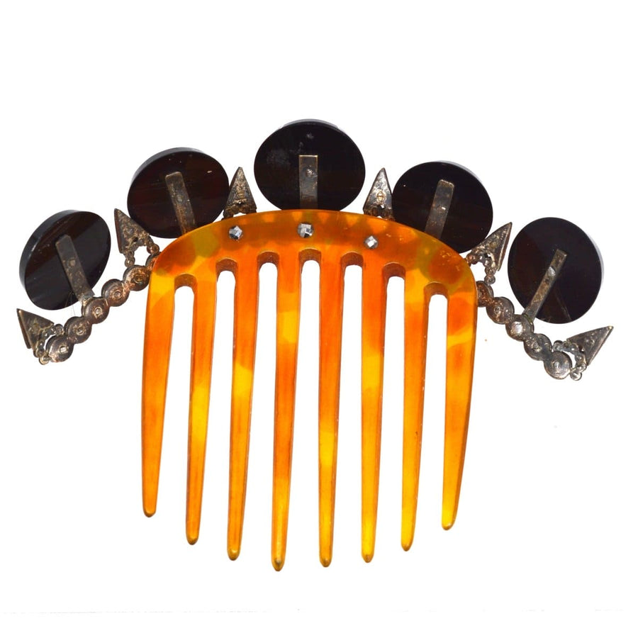 Regency Onyx and cut steel tiara on a tortoiseshell comb featuring circular detailing and intricate metalwork.