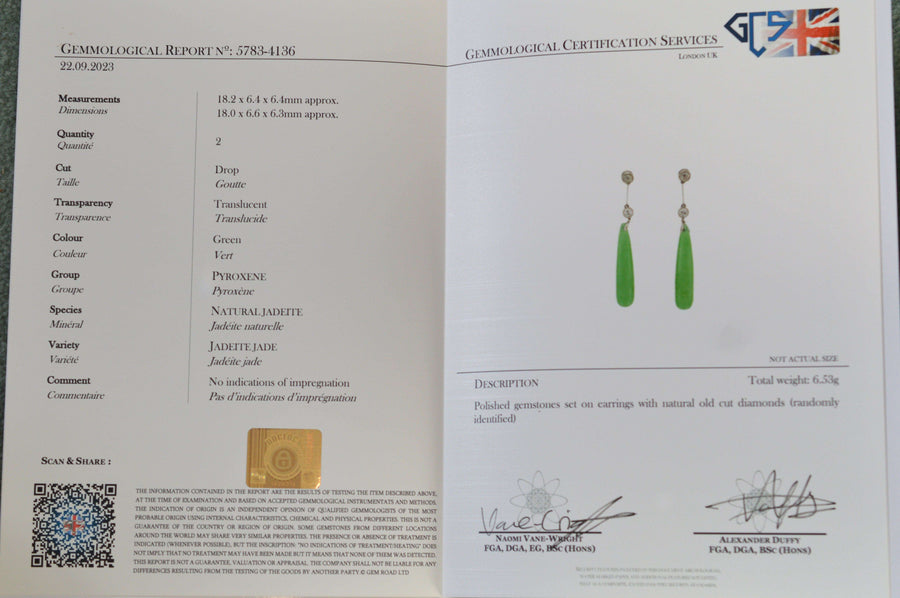 Gemological certification report for Edwardian jade and diamond earrings, featuring details of the natural jade stones.