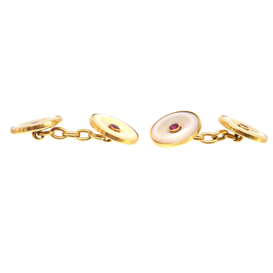 Elegant Edwardian 18ct gold cufflinks featuring mother of pearl and ruby, perfect for special occasions.