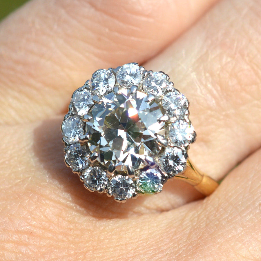 Large Edwardian 18ct Gold and Platinum 3.7 Carats Diamond Cluster Ring