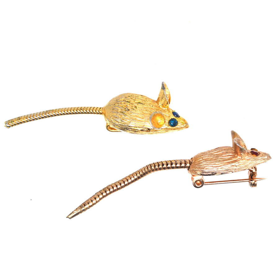 Mid Century Pair of Gold Tone Mice Brooches with Paste Coloured Eyes