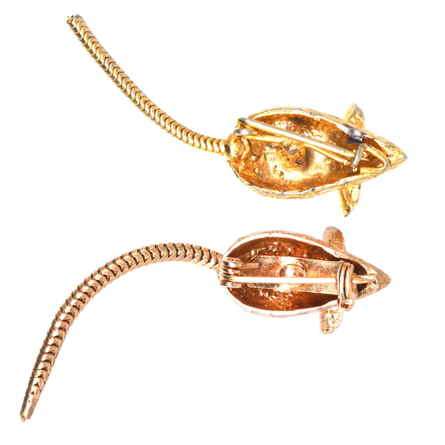 Mid Century Pair of Gold Tone Mice Brooches with Paste Coloured Eyes