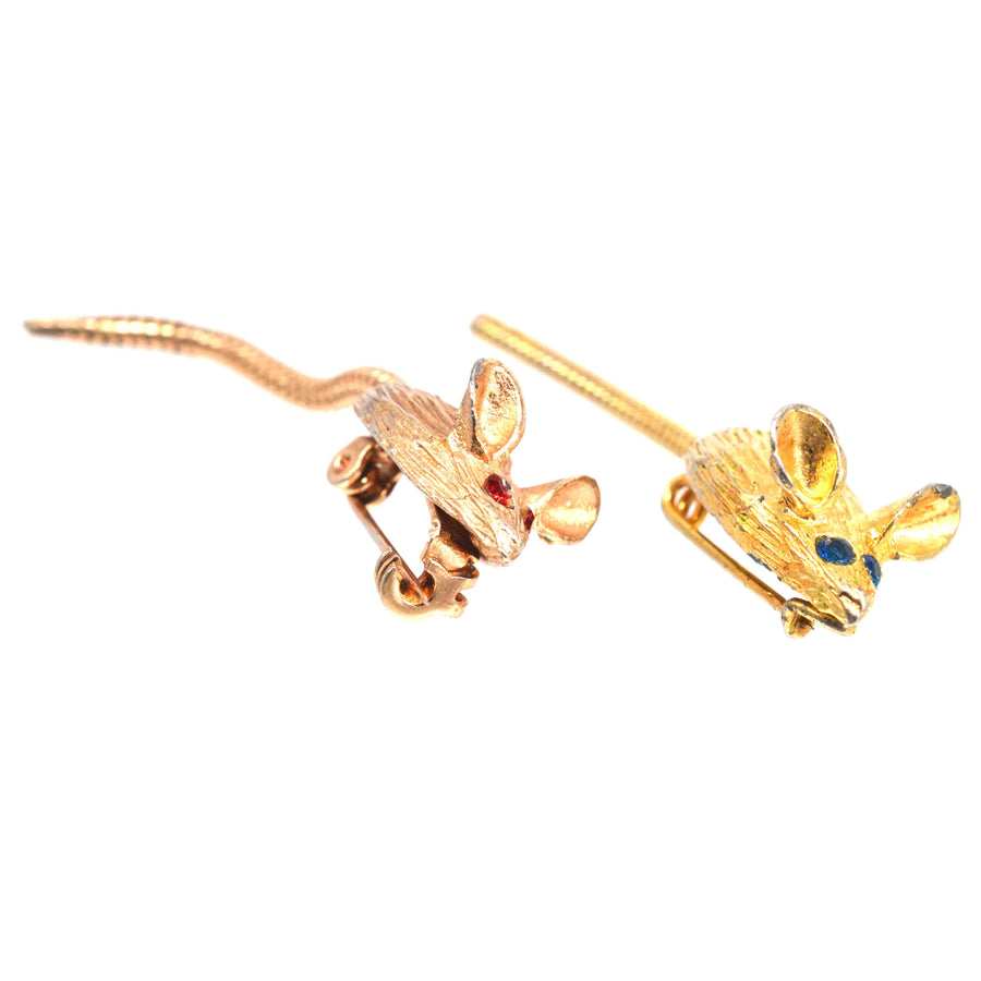 Mid Century Pair of Gold Tone Mice Brooches with Paste Coloured Eyes