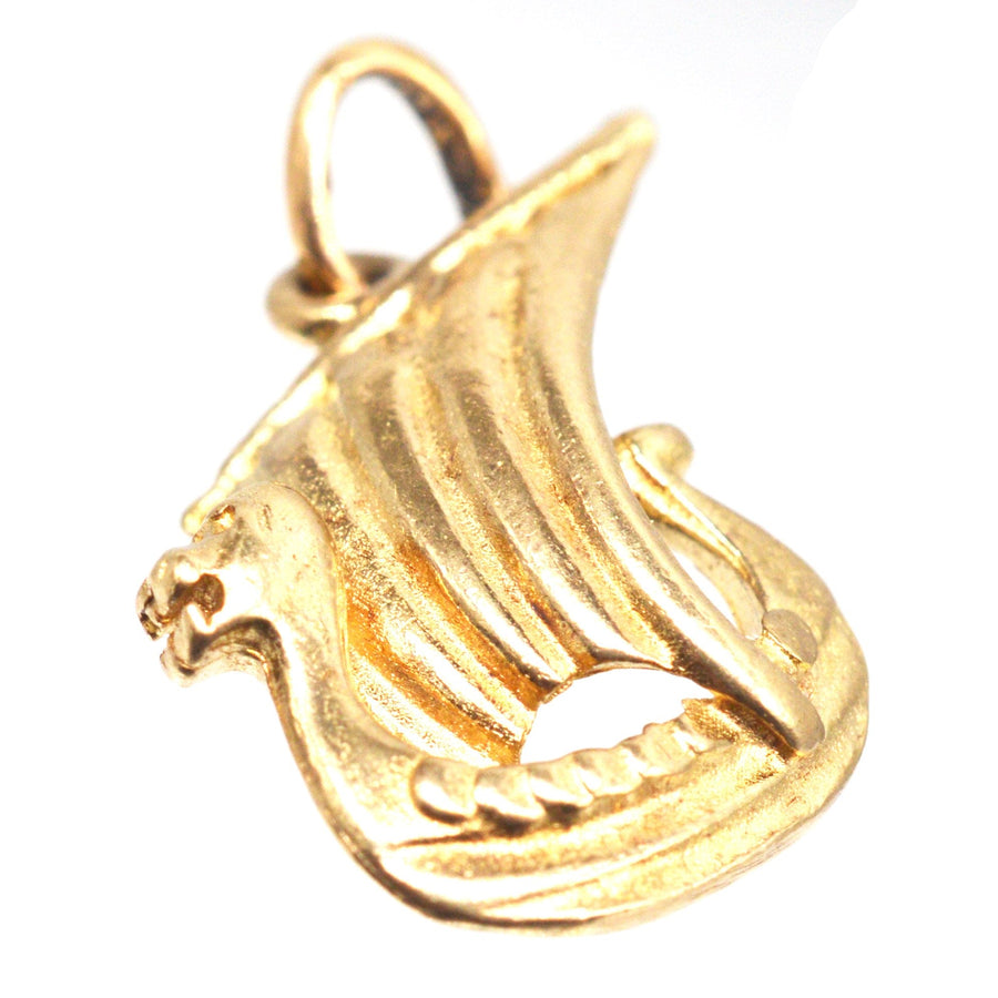 Vintage 9ct Gold Viking Ship Charm with dragon head, made in 1977, perfect gift for Scandinavian lovers.