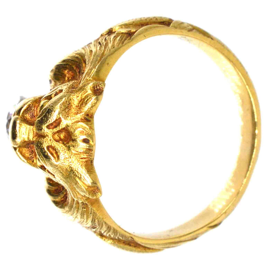 French Art Nouveau 18ct gold lion ring with diamond, showcasing fierce artistry and elegant claw details.