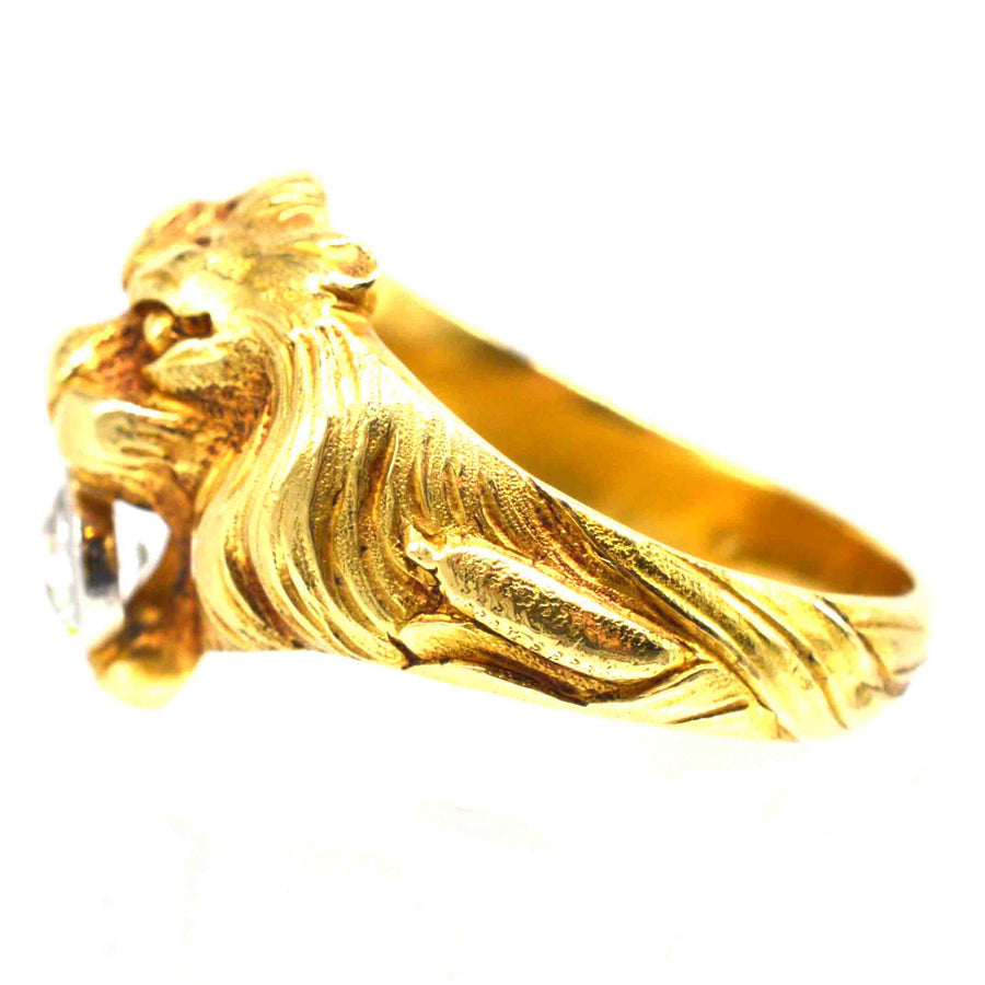 18ct gold lion's head ring with diamond, showcasing Art Nouveau design and intricate craftsmanship.