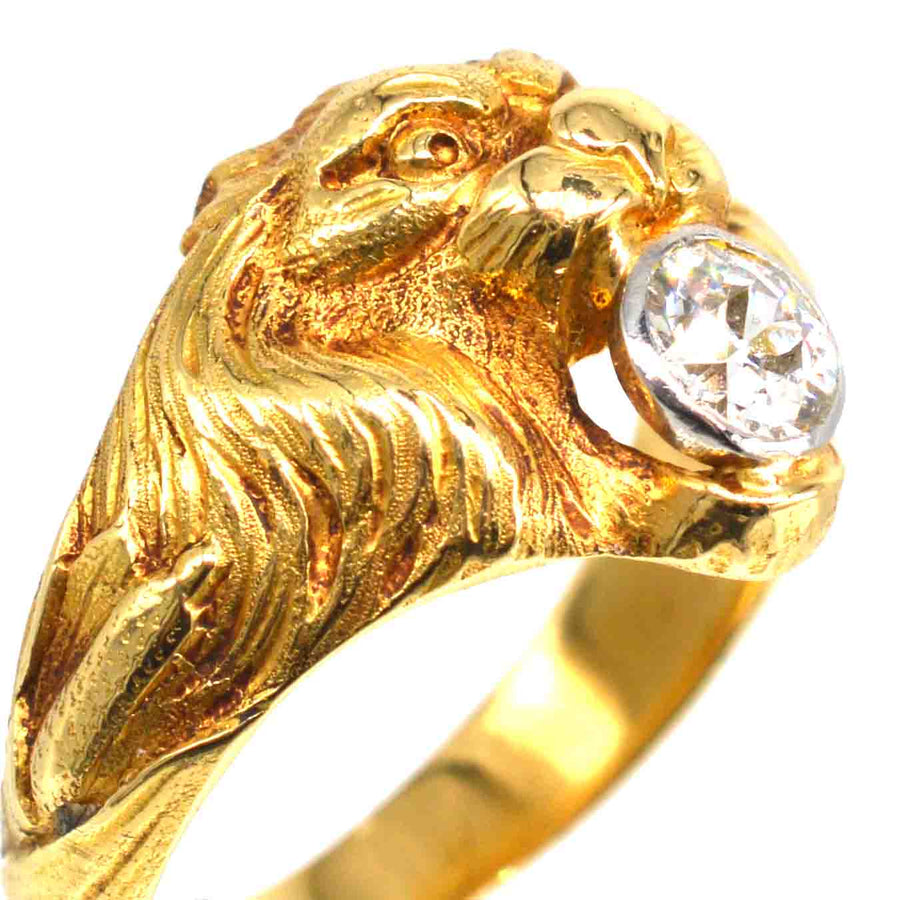 French Art Nouveau 18ct gold lion head ring with diamond, showcasing intricate detailing and bold design.