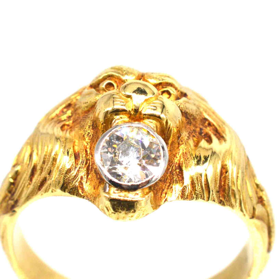 French Art Nouveau 18ct gold lion ring with diamond, showcasing intricate details and fierce design.