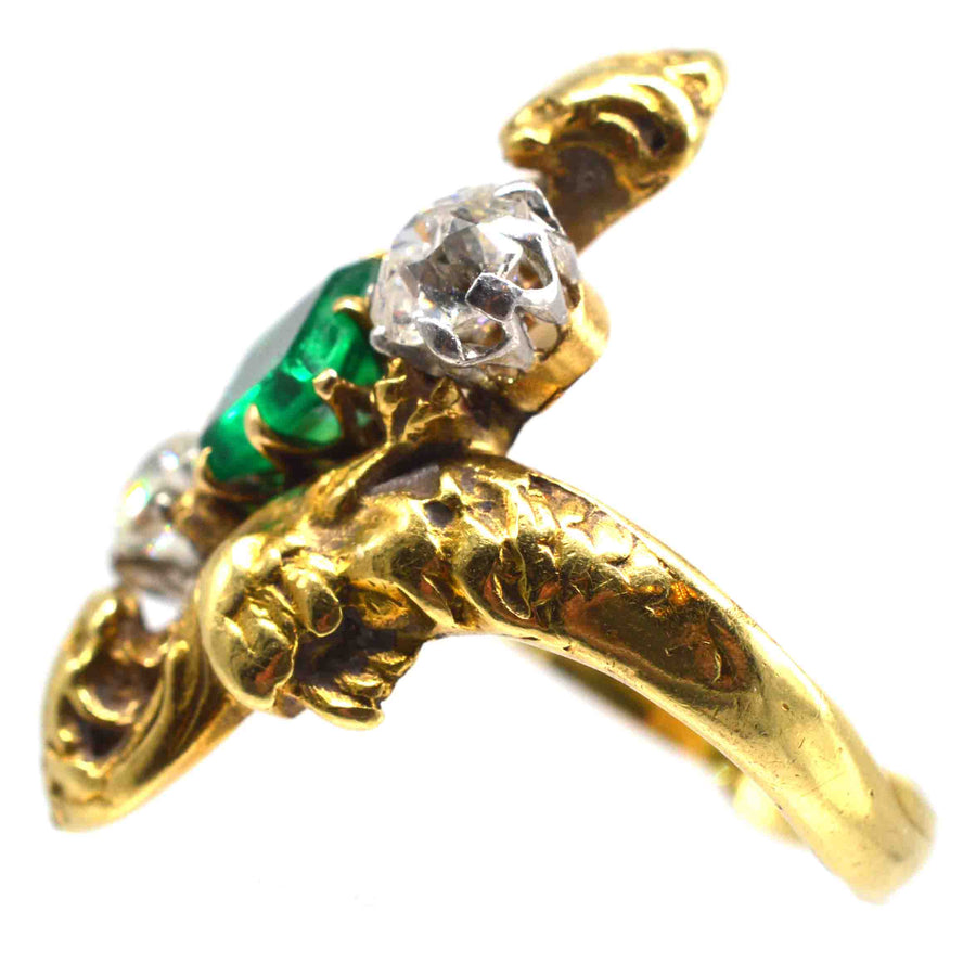 French Art Nouveau 18ct gold griffin ring with Colombian emerald and diamonds, circa 1890-1910.