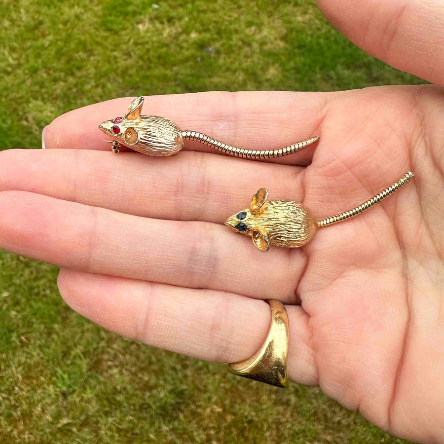 Mid Century Pair of Gold Tone Mice Brooches with Paste Coloured Eyes