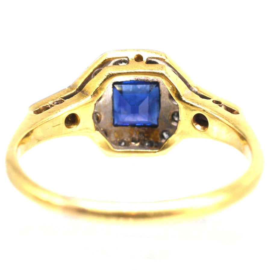Art Deco 18ct gold and platinum ring featuring a square cut sapphire and diamond accents, perfect for engagement or September birthdays.