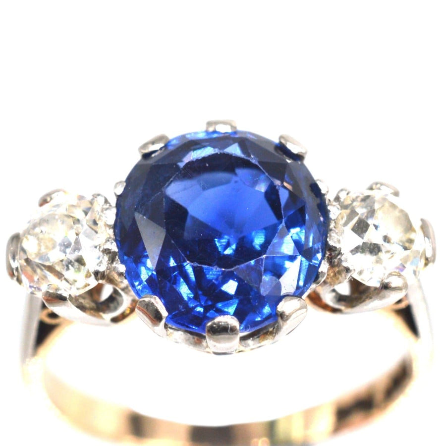 Art Deco 18ct gold and platinum ring featuring a 5.25 carat natural Ceylon sapphire and two diamonds.