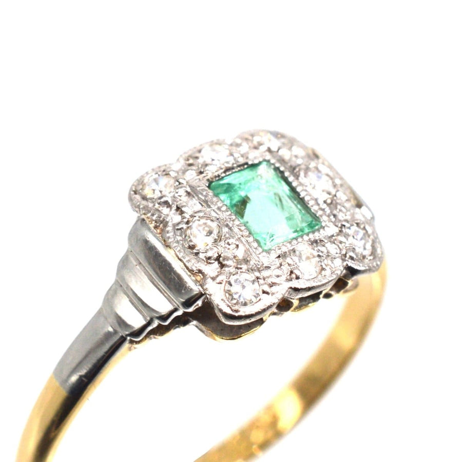 Art Deco 18ct gold and platinum emerald and diamond ring in millegrain setting, perfect for engagement or May birthdays.