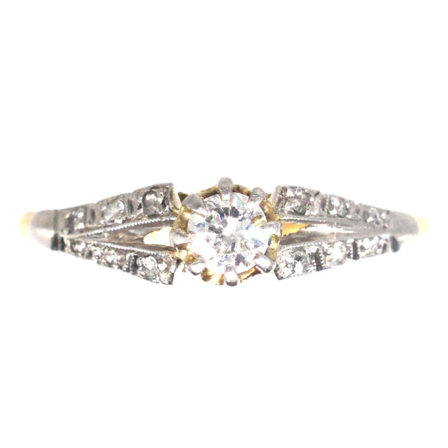 Art Deco 18ct Gold & Platinum Diamond Solitaire Ring with diamond shoulders, perfect for engagements.