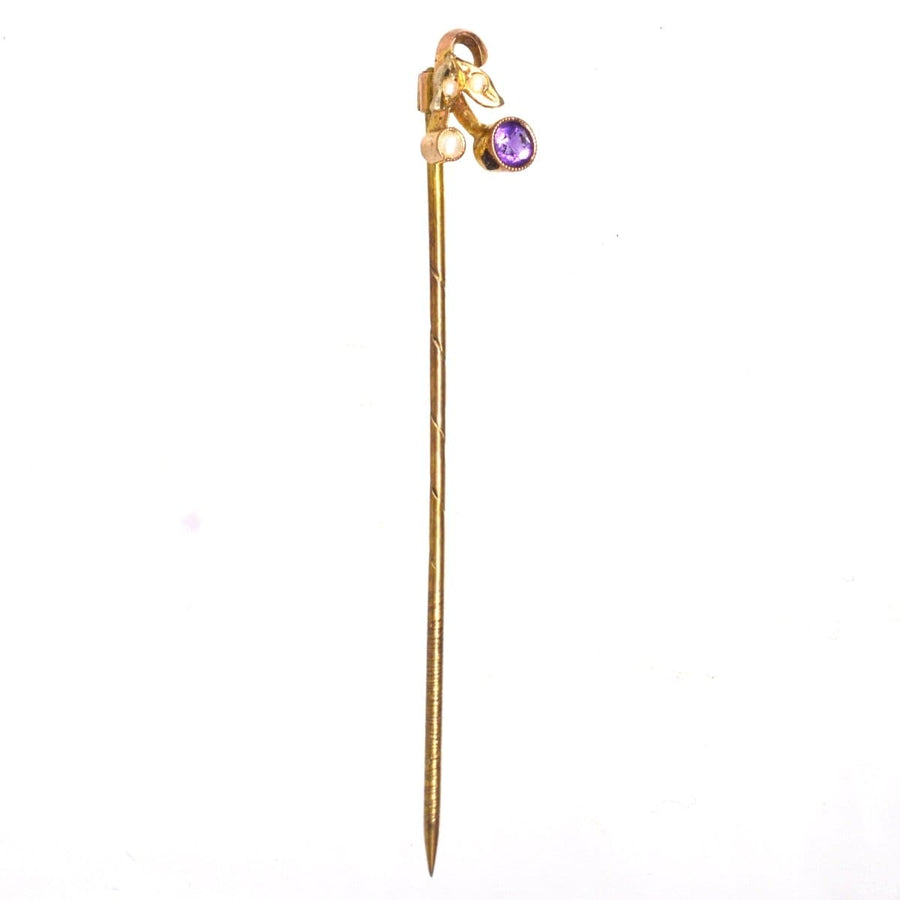 Art Deco 9ct gold tie pin featuring amethyst and pearl, circa 1920s floral design, perfect for elegant accessories.