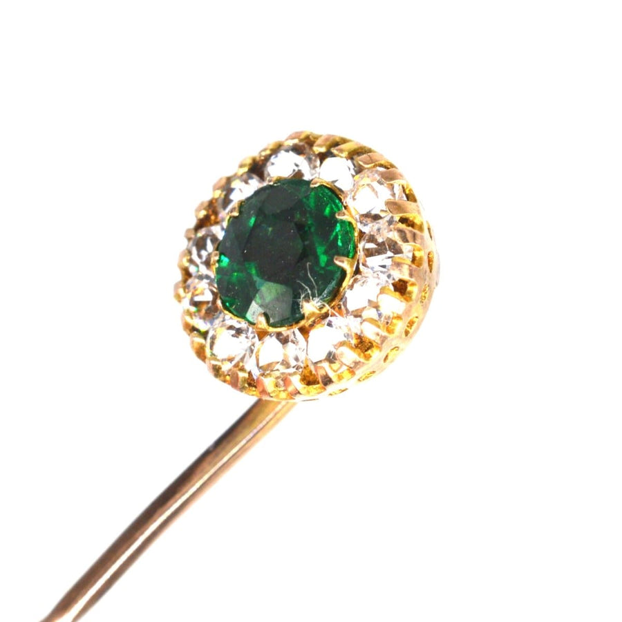 Art Deco green and white rhinestone cluster tie pin with gold accents, perfect for adding sparkle to a silk tie.