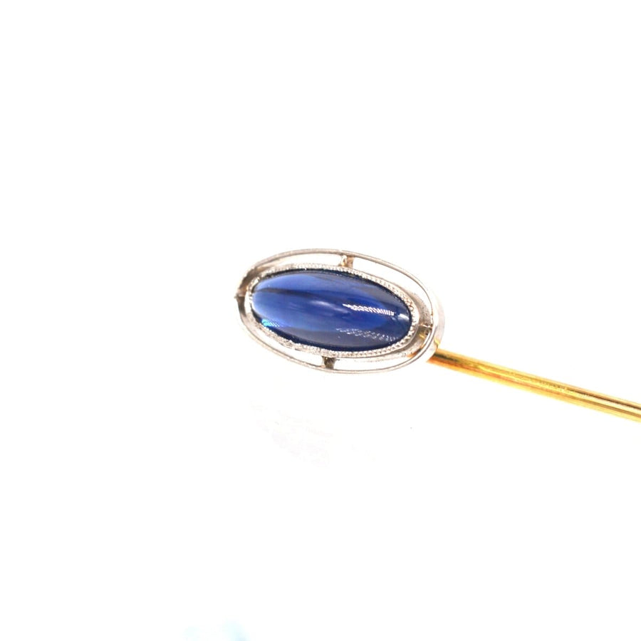 Art Deco platinum tie pin featuring a sapphire in an open circular band, circa 1920s, perfect for gifts.