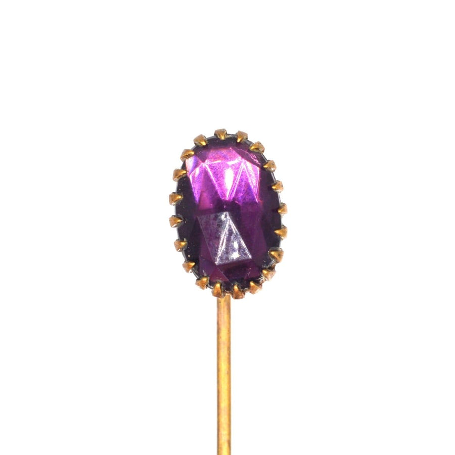 Art Deco purple rose cut paste tie pin with an oval design, perfect for colorful silk ties.