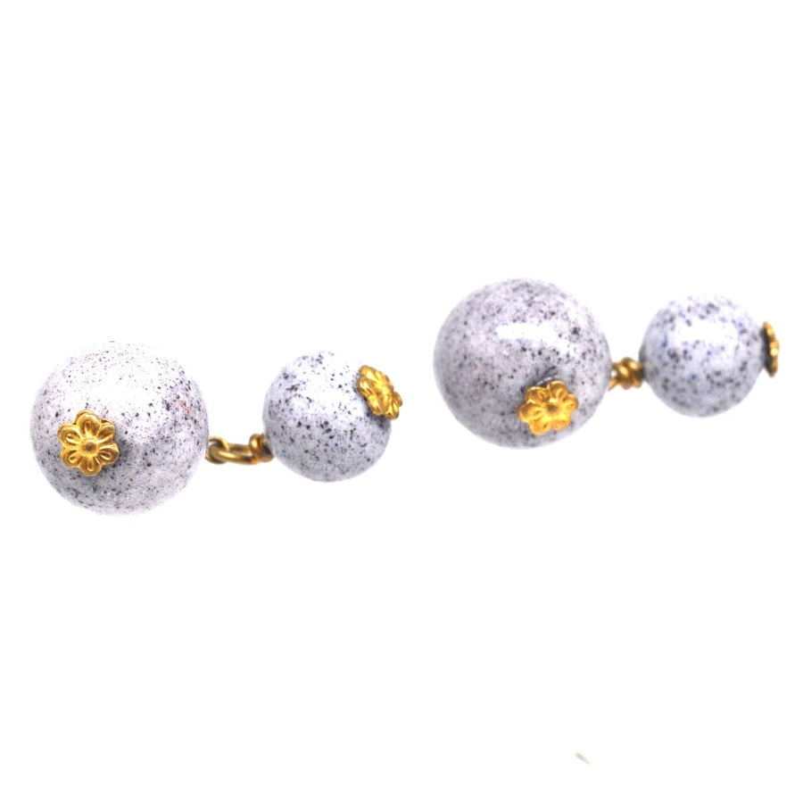 Art Deco cufflinks with speckled grey-blue glass beads and seed pearls, featuring gold tone flower detail.