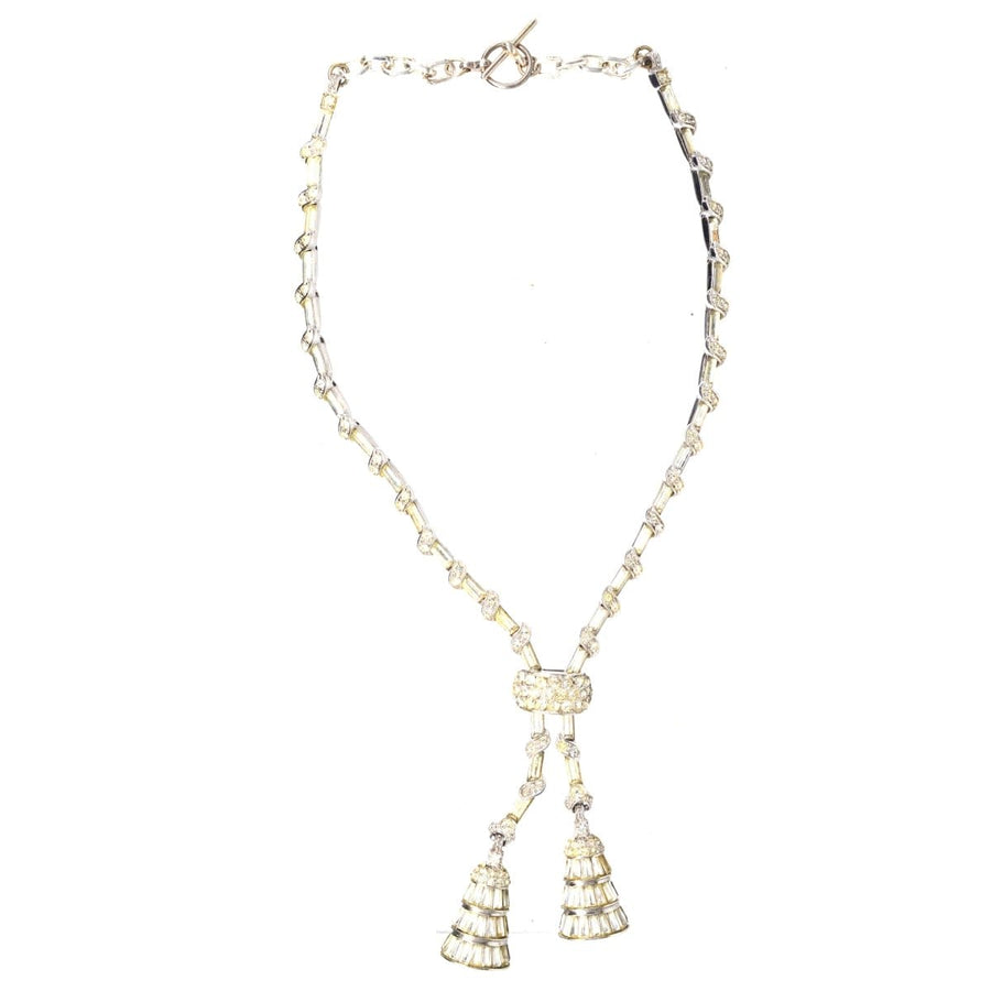 Art Deco white chrome and paste negligee necklace featuring double tassels, perfect for a Great Gatsby flapper look.