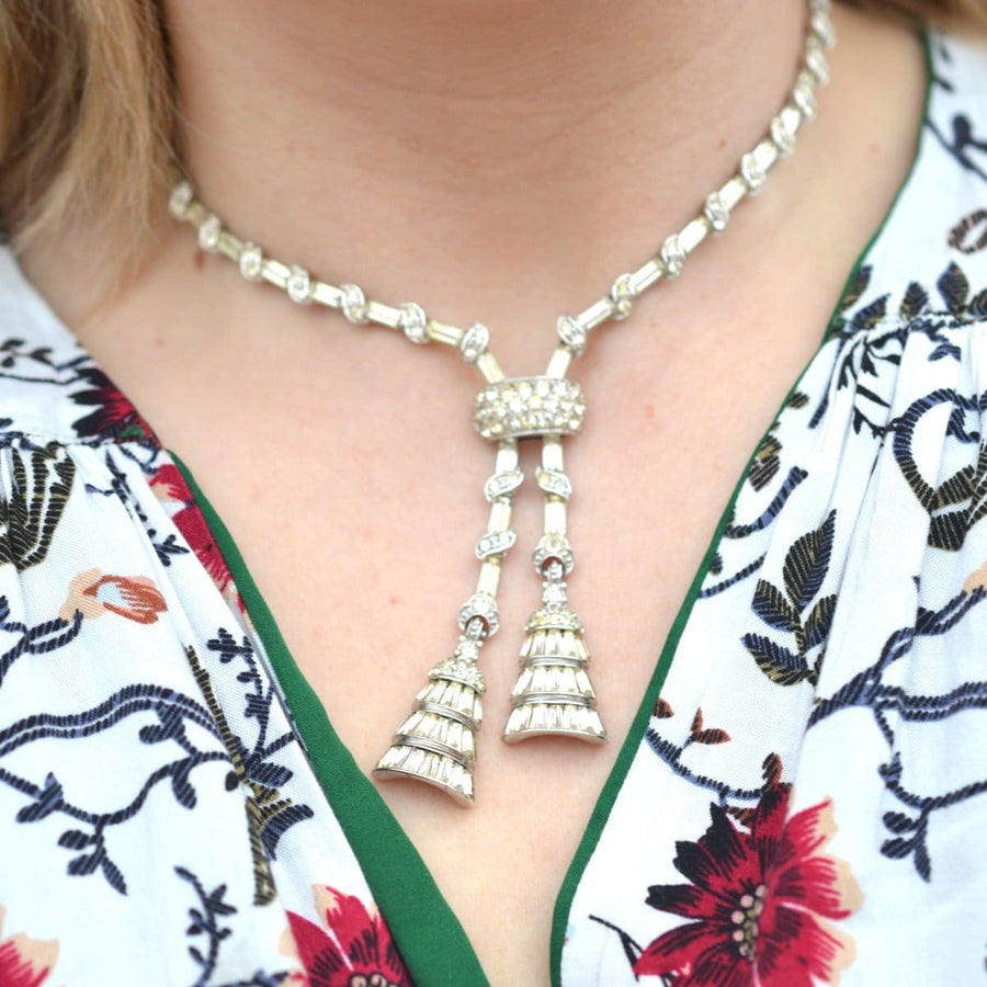 Art Deco white chrome and paste negligee tassle necklace, perfect for a flapper dress for a Great Gatsby look.