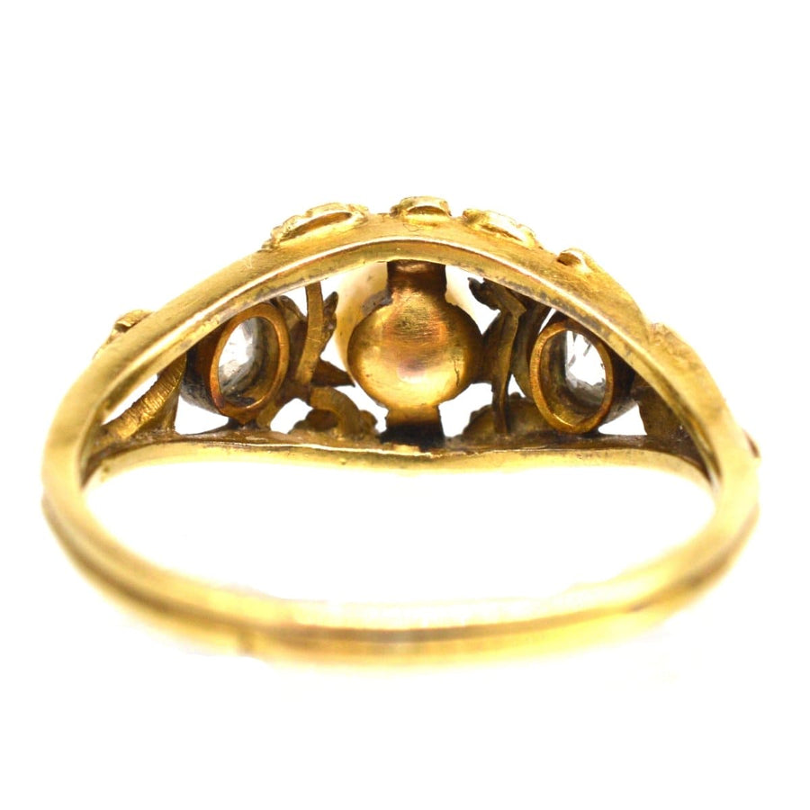 Art Nouveau 18ct gold ring featuring natural pearl and old mine cut diamonds, perfect for engagement or antique jewelry collection.