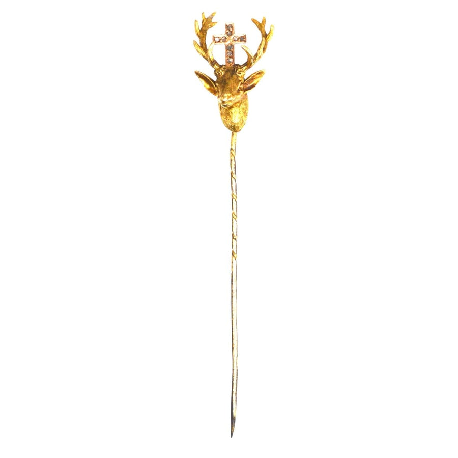 14ct gold and rose diamond tie pin featuring St. Hubertus stag, symbolizing hunting and legend.