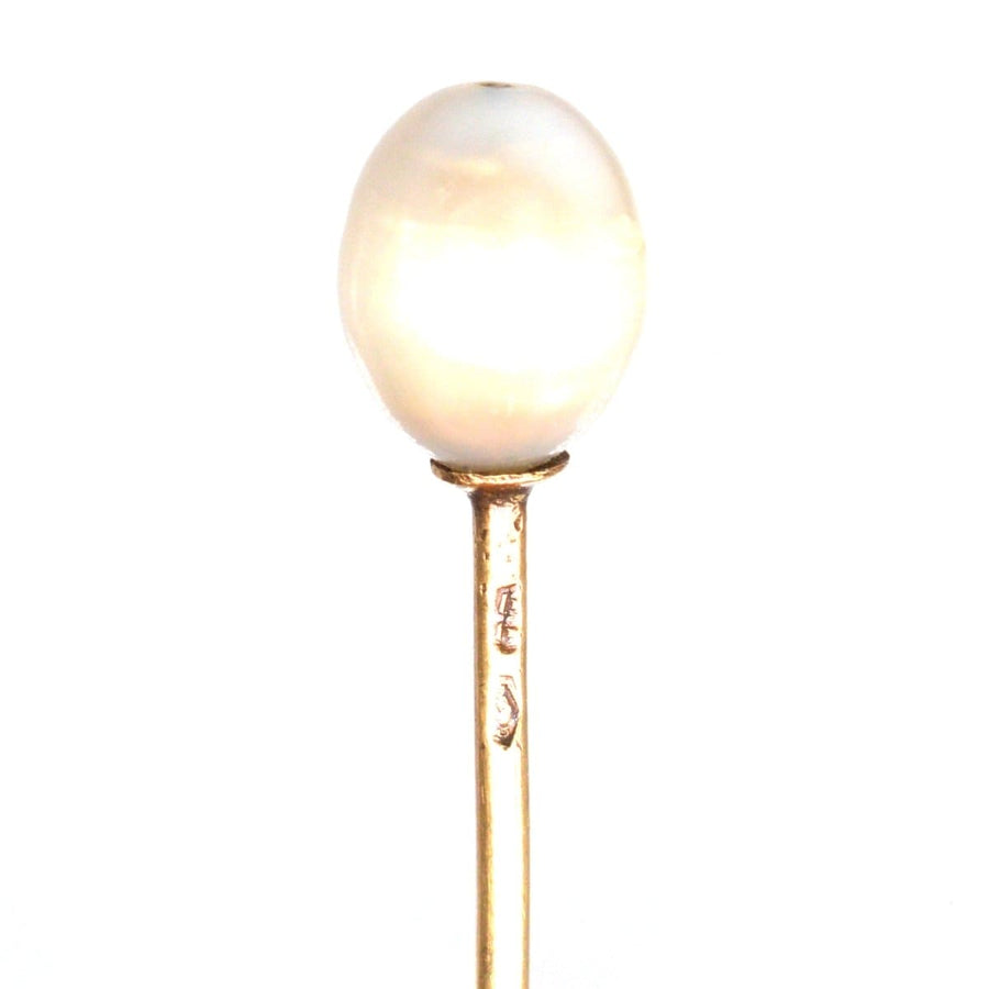 Antique 14ct gold tie pin featuring a natural saltwater pearl, early 20th century Austro-Hungarian design.