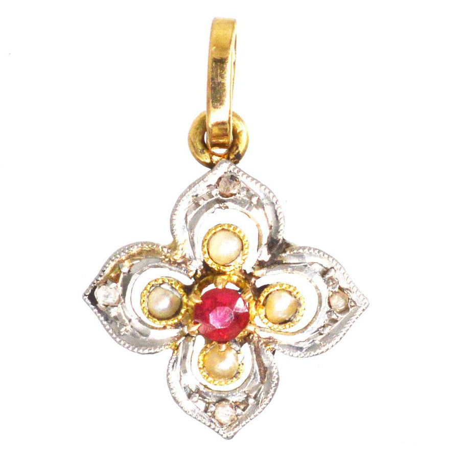 Early 20th Century Diamond, Pearl and Ruby Quatrefoil Pendant | Parkin and Gerrish | Antique & Vintage Jewellery