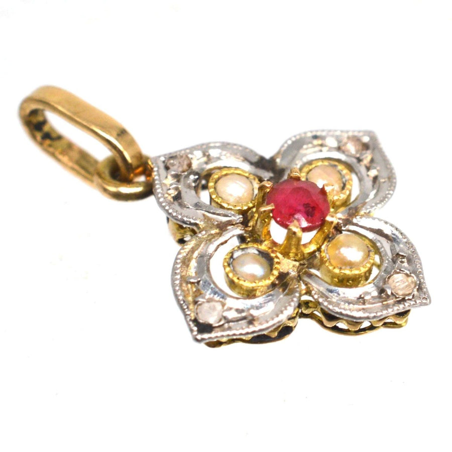 Early 20th Century Diamond, Pearl and Ruby Quatrefoil Pendant | Parkin and Gerrish | Antique & Vintage Jewellery
