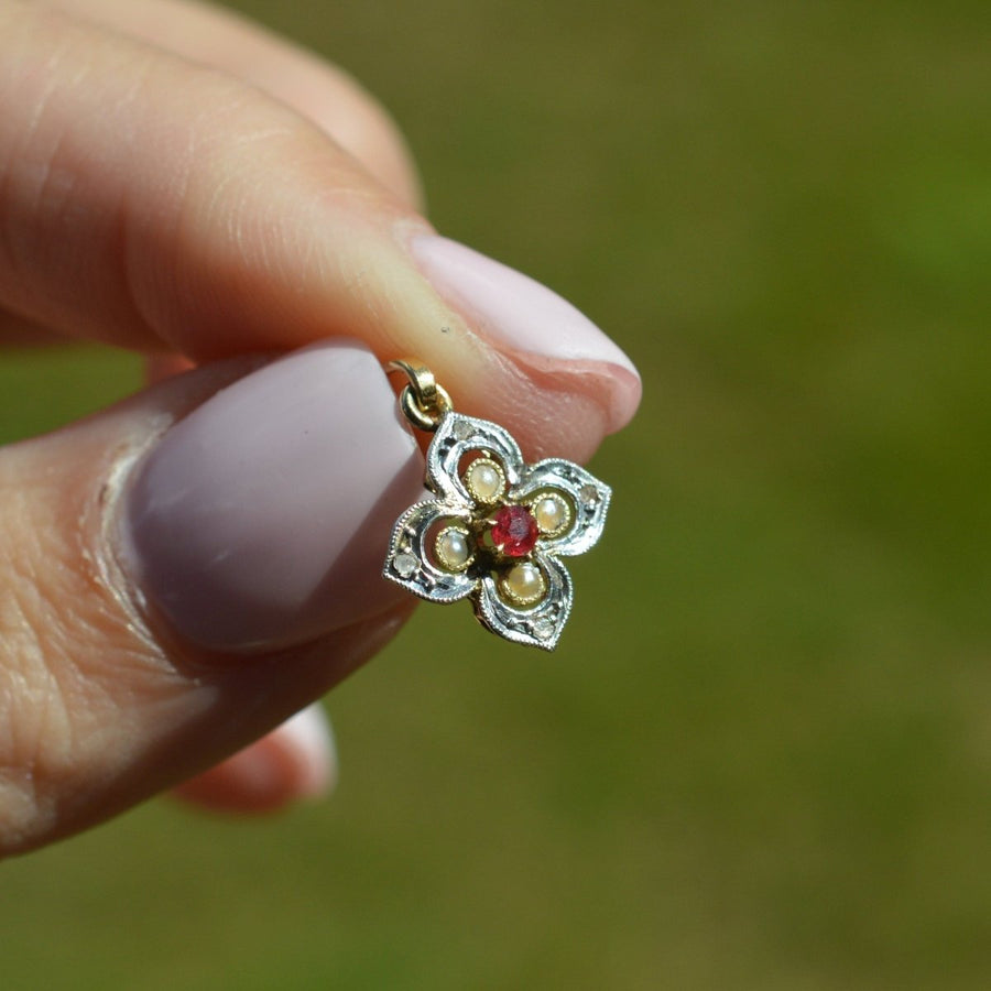 Early 20th Century Diamond, Pearl and Ruby Quatrefoil Pendant | Parkin and Gerrish | Antique & Vintage Jewellery